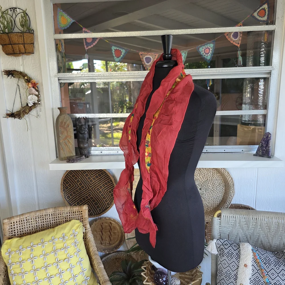 Vintage Red Scarf with Colorful Embroidery Feminine Ruffle Bohemian